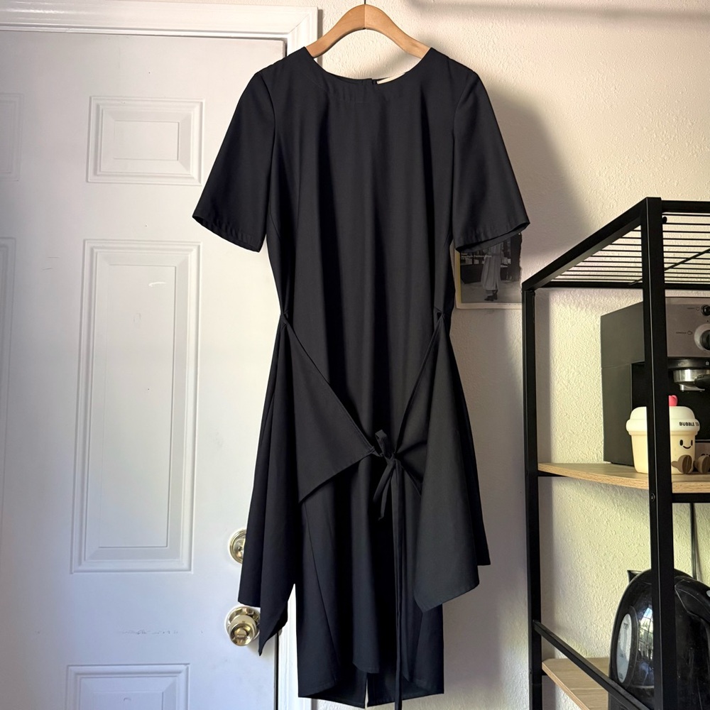 CARON CALLAHAN navy black short sleeve button up back wrap layered midi dress